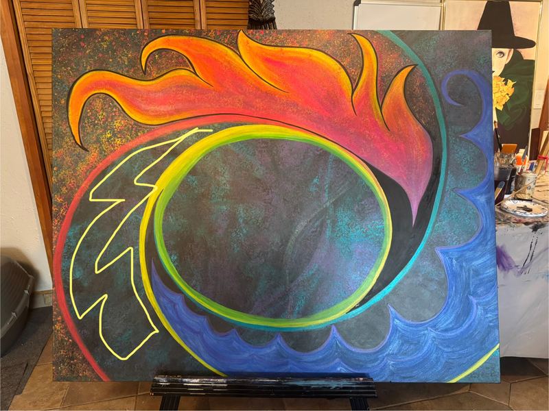 Painting in progress with a yellow outline sketched where a lightning bolt will go