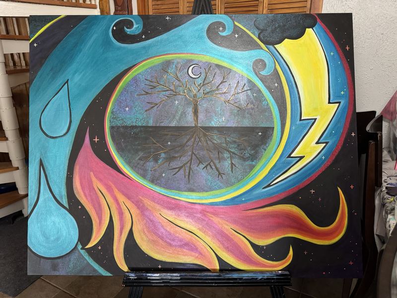 Finished tree of life painting with water, fire and lightning