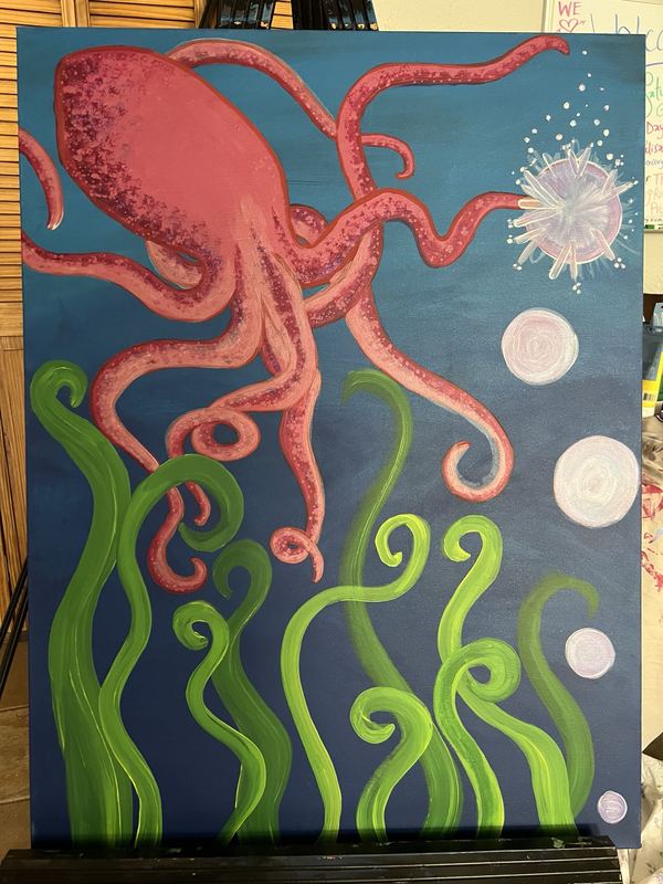 Painting of a pink octopus reaching toward a glowing bubble above green swirling seaweed on a blue background