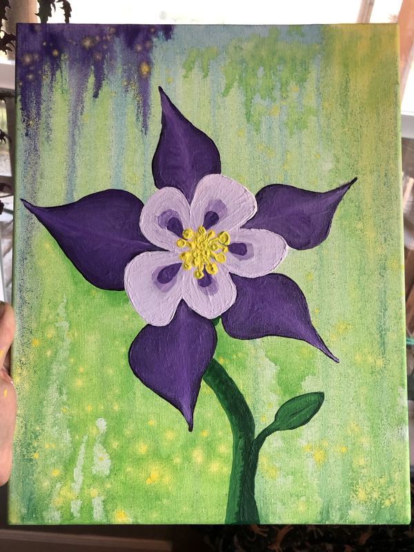 Painting of a purple and white columbine flower on a green dripping background with golden specks