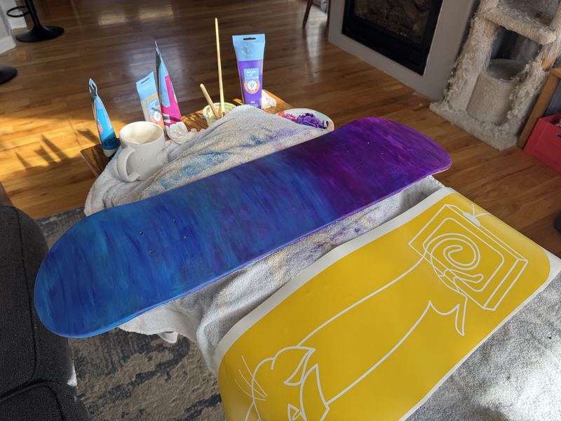 Deck painted purple and blue with yellow vinyl on top