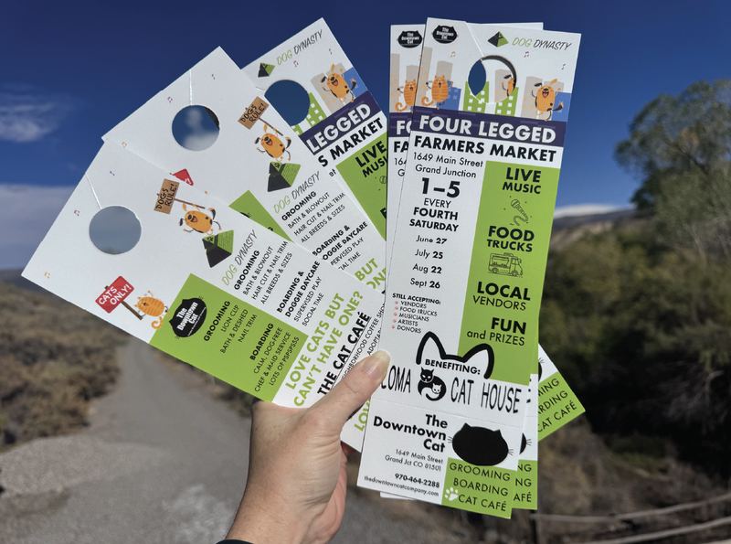 A hand fanning out a stack of green, white and black door-hanger business cards for Dog Dynasty, The Downtown Cat and a Four Legged Farmers Market