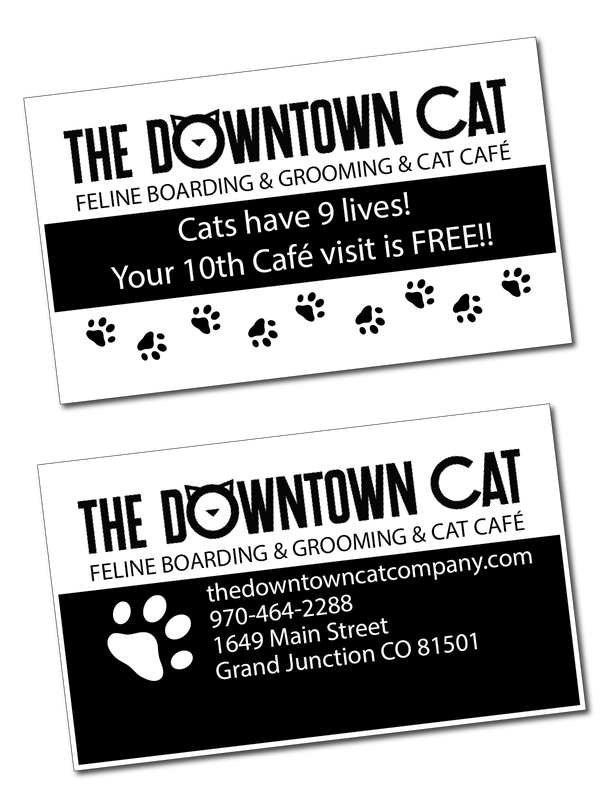 Front and back of The Downtown Cat's double-sided punch card: cats have 9 lives, your 10th cafe visit is free