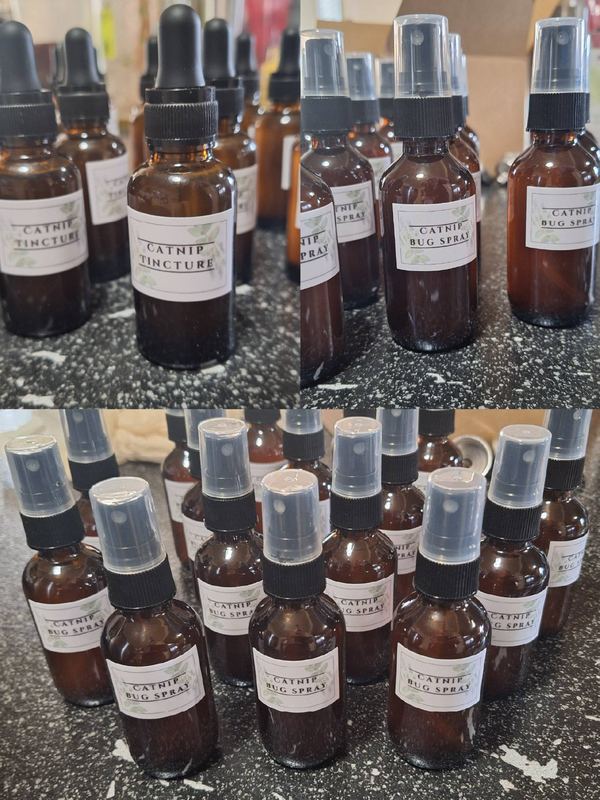 Amber dropper bottles and spray bottles labeled Catnip Tincture and Catnip Bug Spray