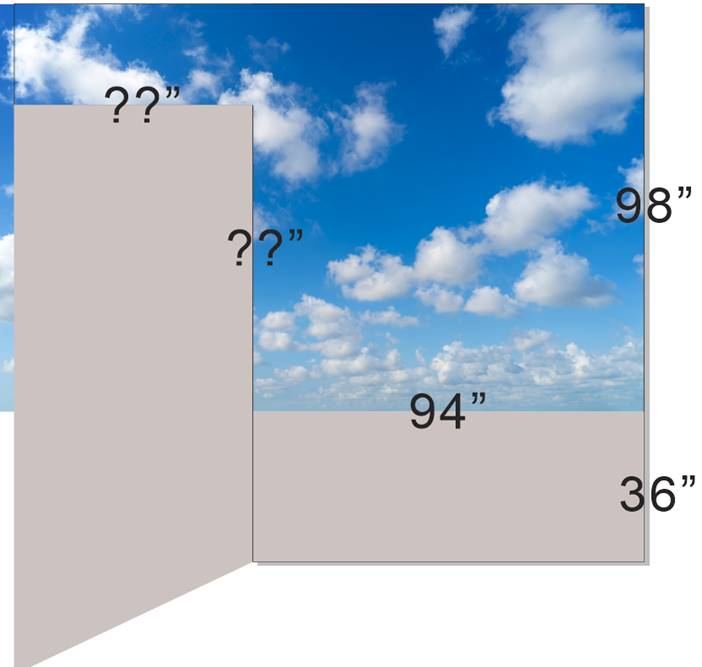 Digital drawing of a wall in front of a blue sky with clouds, labeled with measurements of 98, 94 and 36 inches and two question marks